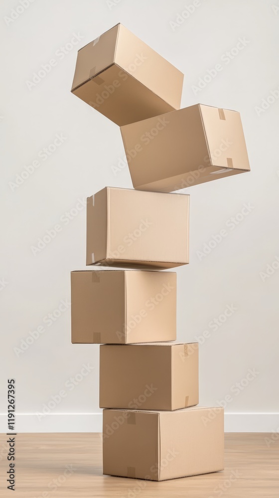 Poster Six cardboard boxes balancing precariously creating a surreal and unstable tower against a minimalist white wall background, symbolizing instability or defying gravity