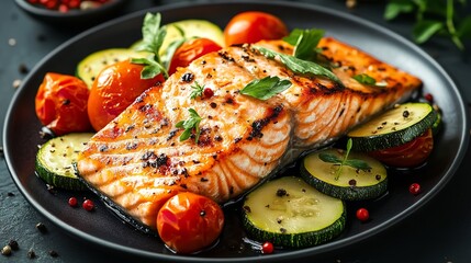 Grilled salmon dinner with zucchini and tomatoes