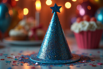 A glittery blue party hat with a star topper, surrounded by confetti and lit by glowing candles, ready for a magical birthday celebration. Birthday. Party. New Year. Celebration. Event