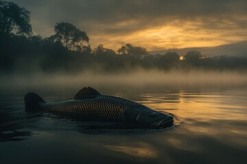 Serene river scene with Arapaima in soft dawn light