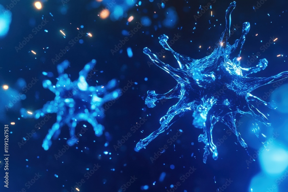 Leinwandbilder visualizing antibodies as they attack glowing viruses in a dynamic microscopic environment. generati