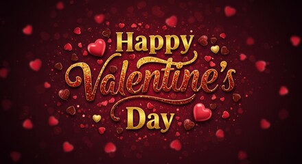 Happy Valentine's Day Sparkle: A vibrant Valentine's Day greeting featuring sparkling golden lettering against a rich burgundy background, adorned with scattered red and gold hearts.