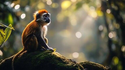 "A Rare Golden Monkey Sitting Gracefully on a Moss-Covered Tree Branch in the Forest"