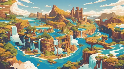 Obraz premium A Fantasy River Landscape with Waterfalls and Ruins