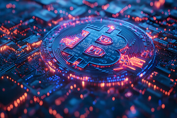 Obraz premium Digital isolated Bitcoin symbol made of glowing blue numbers and letters on a dark background. A concept illustrating cryptocurrency