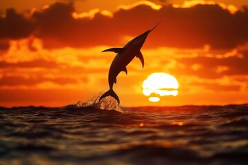 Swordfish Leaping Out of Ocean at Vibrant Sunset