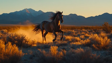 "A Wild Stallion Galloping Freely Across a Rugged Mountain Landscape"