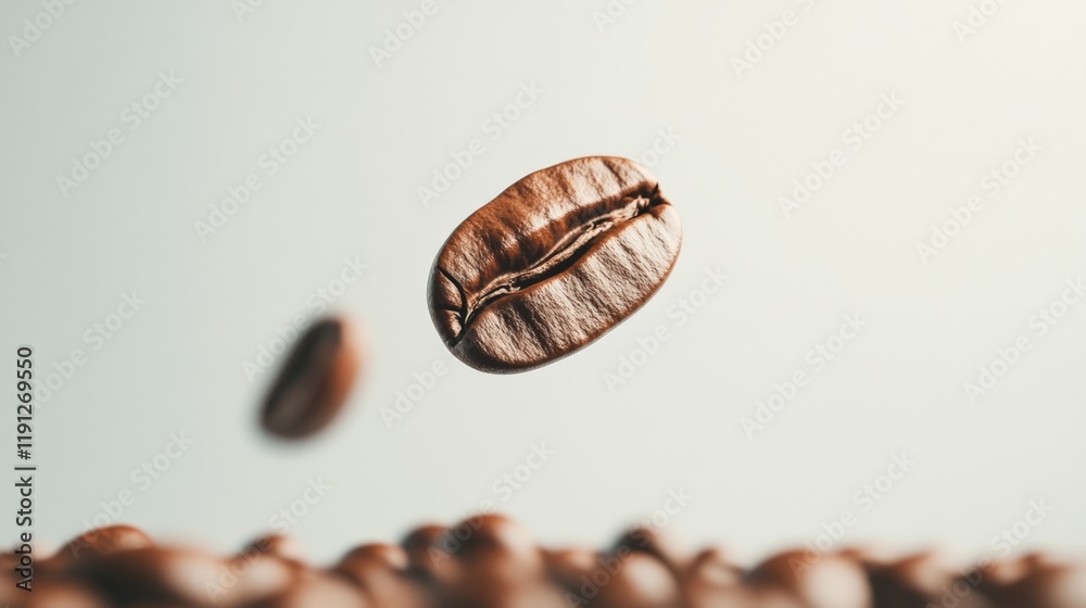 Poster Roasted coffee beans floating gracefully above a mound of roasted beans, set against a light gray background, creating an intriguing and dynamic visual experience