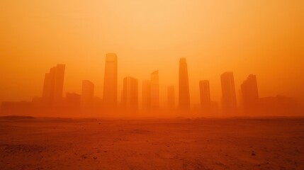 City under a massive sandstorm, buildings fading into golden haze, natures dominance, atmospheric imagery