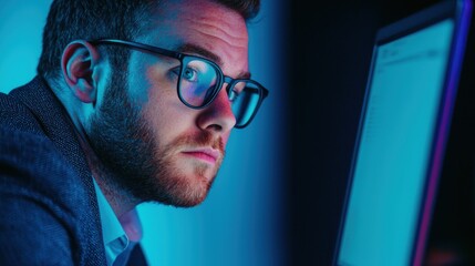 Obraz premium Focused Young Man Working Late at Computer in Dramatic Lighting