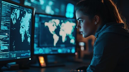 Young Female Analyst Engaged in Data Analysis in a Dark Room