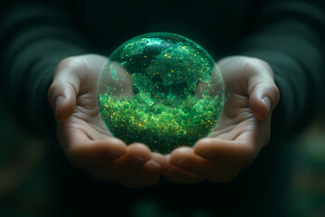 Digital hands cradling a miniature Earth with glowing forests and oceans, symbolizing care for nature