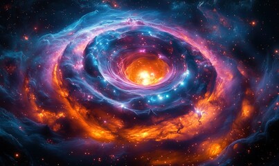Cosmic swirl, fiery nebula, vibrant colors.
