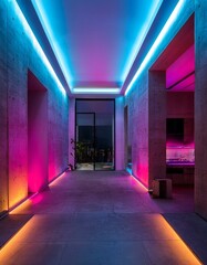 Generated image A minimalist house with vibrant neon lighting showcases an abstract architectural concrete