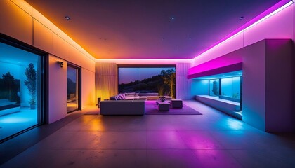 Generated image A minimalist house with vibrant neon lighting showcases an abstract architectural concrete