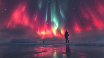 Silhouetted person witnessing vibrant aurora borealis display over a frozen landscape.