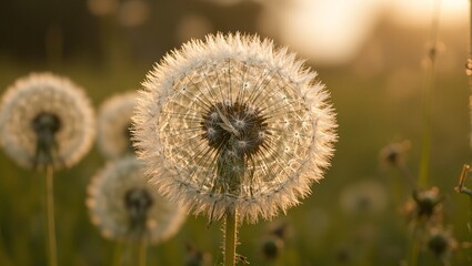 Beautiful dandelion seed head glowing in golden light white filaments radiating in a perfect sphere.