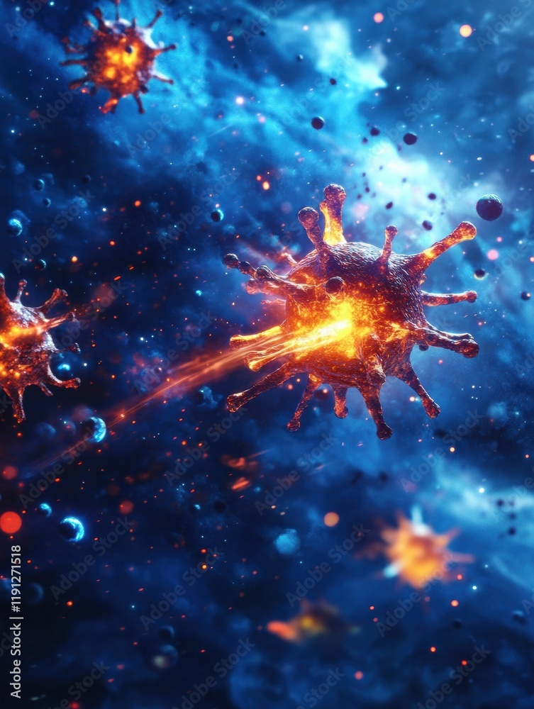 Poster Visual representation of antibodies targeting glowing viruses in a dynamic cellular environment. Generative AI