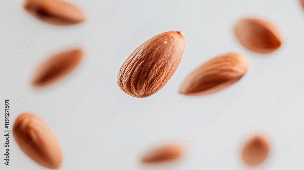 Poster Levitating almonds against a bright background create an engaging visual effect, highlighting the appeal of healthy food choices and the benefits of natural nutrition
