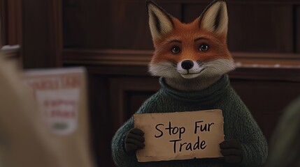 A fox wearing a green sweater holds a sign that reads "Stop Fur Trade."
