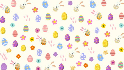 Fototapeta premium cute bunny and eggs on light background. Wallpaper for nursery, kids and baby.