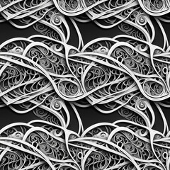 Elegant monochrome abstract pattern illustration featuring intricate swirls and curves on a dark background, copy space