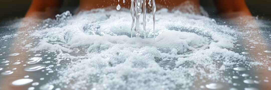 A gentle stream of water flows down the body, surrounded by a soothing mist that rises from the floor, steam room, water feature, self care