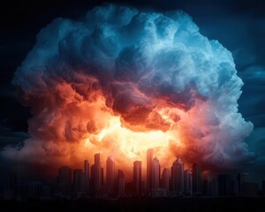 Fototapeta premium Urban skyline with a massive thunderhead looming overhead, split between sunshine and storm, striking contrast