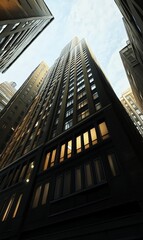 Abstract modern glass office building in downtown, view from below