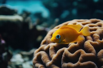 Yellow tang fish and brain coral in mysterious composition