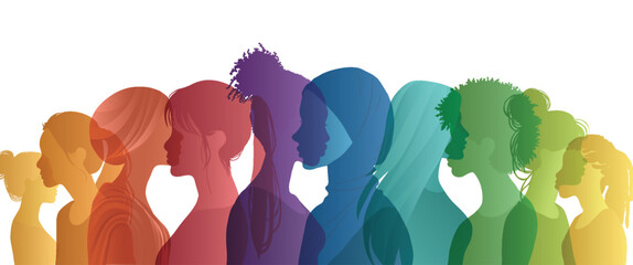 Communication group of multicultural diversity women and girls - face silhouette profile. Female social network community of diverse culture. Racial equality.Friendship. Colleagues.Rainbow