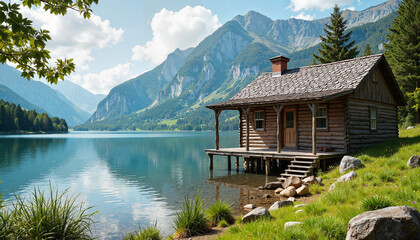 Scenic cabin by serene lake surrounded by mountains, nature retreat