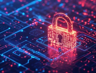 Digital Security Concept with Glowing Lock on Circuit Board Background