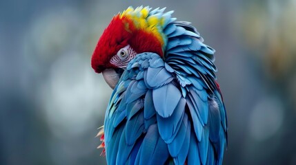 Fototapeta premium Vibrant Blue Macaw with Red and Yellow Head Feathers in Nature
