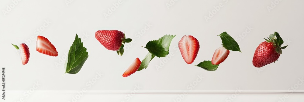Poster ripe strawberries and vibrant green leaves levitating against a pristine white backdrop, creating a 