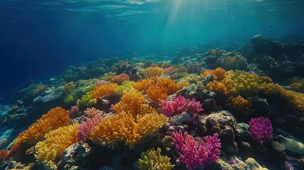 Naklejka premium Vibrant coral reef underwater scene with sunlight.