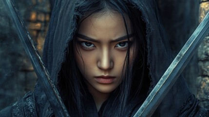 An Asian warrior woman with black hair under her hood, standing against the backdrop of a crumbling stone fortress background wallpaper AI generated image