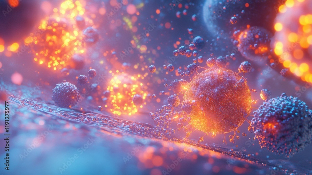 Aufkleber viruses attacking human cells in a vibrant, microscopic environment during an infection process. gen