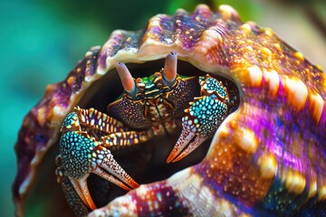 Hermit crab in colorful shell with vibrant tropical background