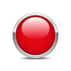 Red button with chrome metal frame. Blank glossy red button web design template. Vector illustration isolated on white background.