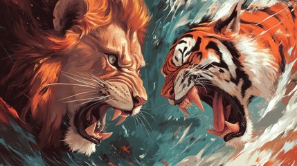 Lion vs angry tiger face to face dramatic jungle background wallpaper AI generated image