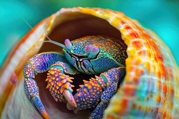 Hermit crab in colorful shell with vibrant tropical background