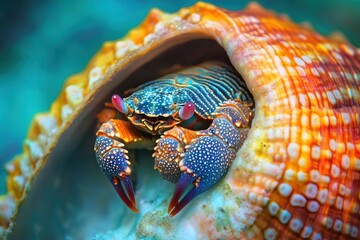 Hermit crab in colorful shell with vibrant tropical background
