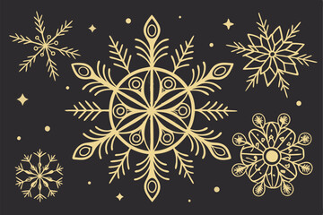 Intricate golden snowflakes, black background, symmetrical patterns, delicate designs, winter motifs, festive ornaments, metallic sheen, variety of shapes, geometric complexity, holiday decorations, e