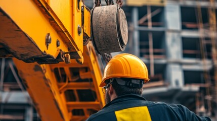 A close-up of a crane operator guiding a load onto a construction site, Crane operation scene, Heavy lifting style