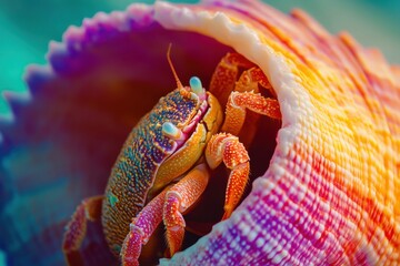 Hermit crab in colorful shell with vibrant tropical background