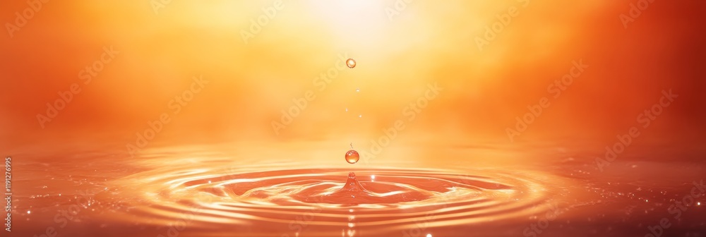 Poster droplets falling onto a calm water surface, creating concentric ripples and reflections of the golde