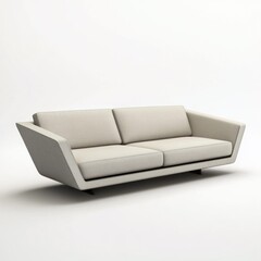 Fototapeta premium Modern beige fabric sofa with angular frame on white background.