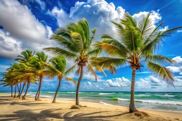 Obraz premium A beach scene with palm trees swaying in the wind on a breezy day near the shore, sky, nature, sport, island life