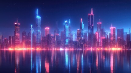 Futuristic neon cityscape reflection at night with vibrant lights and skyscrapers
